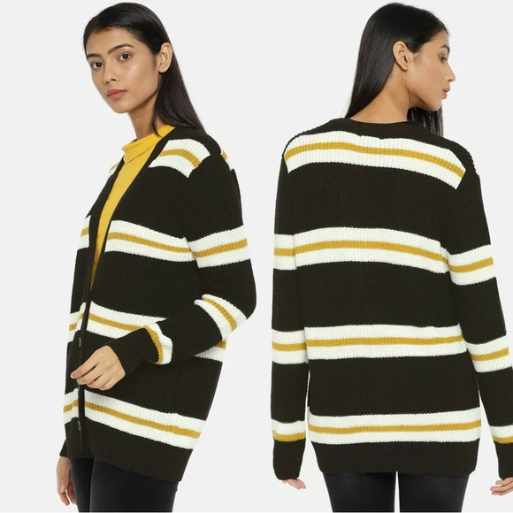 Forever21 Black & Off-White Yellow Striped Open Front Button Cardigan Sweater - Picture 2 of 13